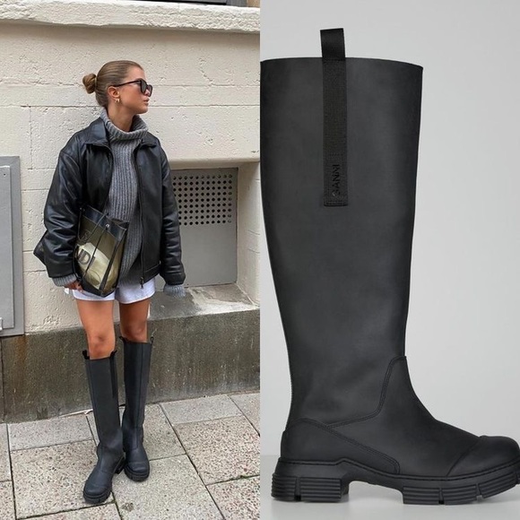 GANNI Black Recycled Rubber Country Boots Faux Fur Lined, Size 36, NEW IN  BOX